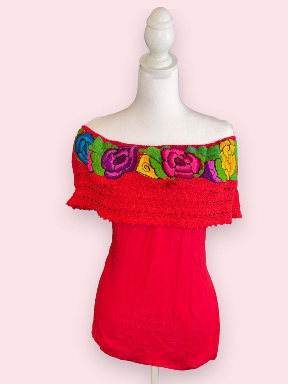 Red Floral Embroidered Off Shoulder Lace Ruffle Boho Peasant Top